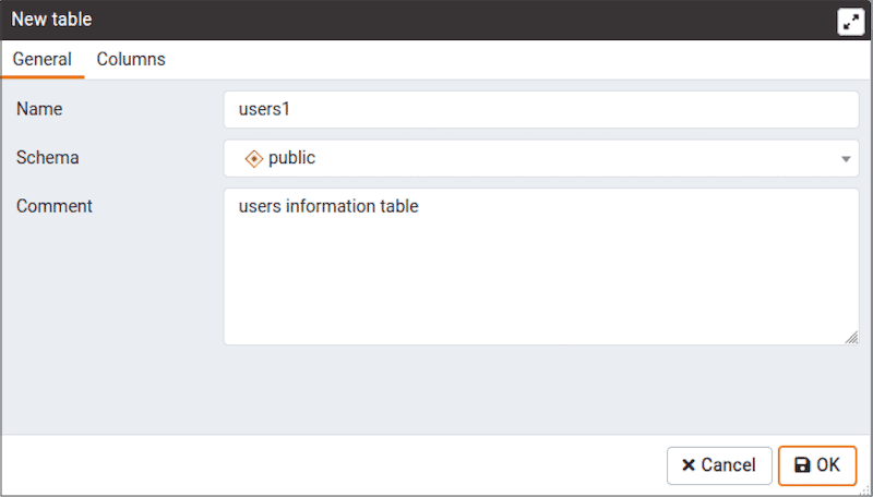 ERD Tool - Table Dialog