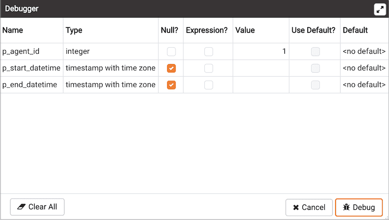 Debugger parameter dialog